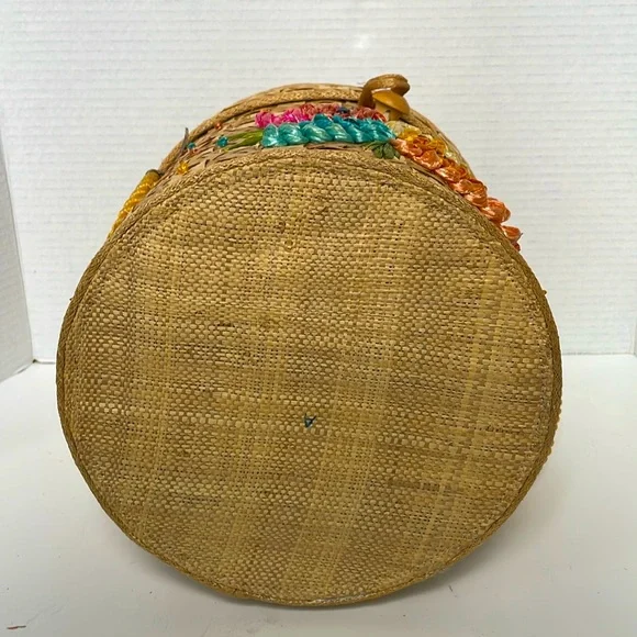 Vintage Mid Century Woven Straw Raffia Tropical Purse Beach Tote Picnic Basket - Picture 9 of 9